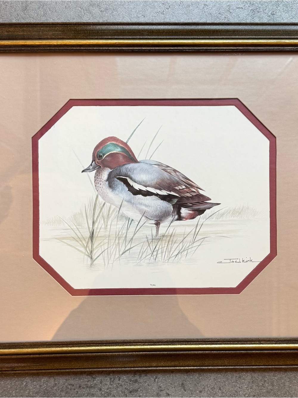 Framed Teal Duck Art Print in Maroon Mat